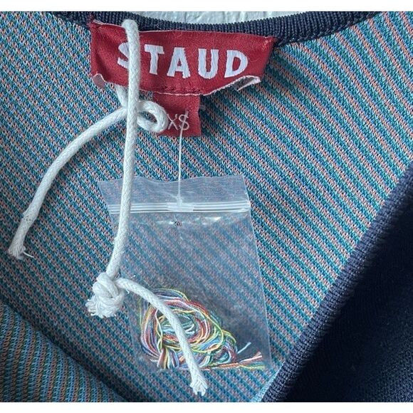 Staud Katie Dress Patch Print Knit Midi Blue Multi Square Neck Sleeveless Sz XS - Picture 8 of 8